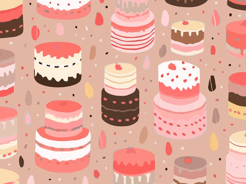 An illustration of a pattern featuring various cakes, referencing the famous phrase "Let them eat cake."