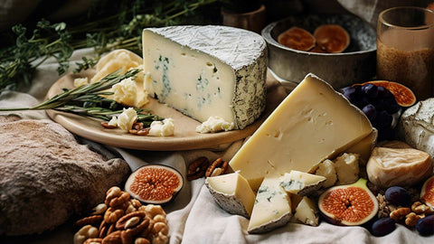 A half wheel of blue cheese on a beige plate with crumbs and herbs surrounded by halved figs, fruits, and nuts.