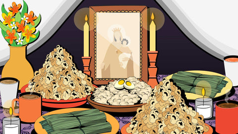 An illustration of various Filipino food offering laid out on an altar with a religious portrait