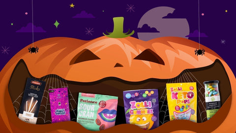 An illustration of a pumpkin candy bag bursting with assorted candies and treats available at Joel’s Place.