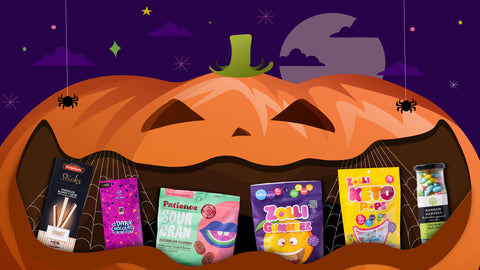 An illustration of a pumpkin candy bag bursting with assorted candies and treats available at Joel’s Place.