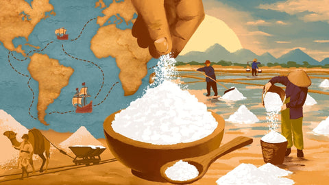 An illustration of a hand sprinkling salt into a wooden bowl, with a world map and trade ship routes in the background, alongside salt farmers harvesting salt from coastal fields.