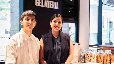 A photo of Joel's Place CEO's son, Christian Tantoco, and daughter, Camille Tantoco Ng. in front of The Gelateria section at Joel's Place Glorietta 4
