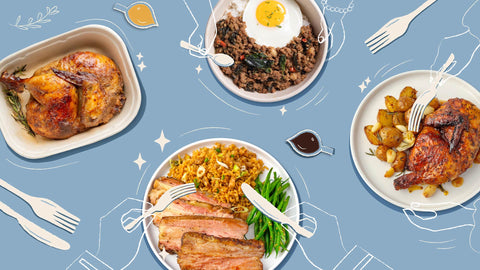 A flatlay shot of Dad‑Approved Meals at The Deli showcasing Pad Kra Pao Rice Bowl, Rustic Roast Chicken Plate, Slow Roasted Angus Beef Plate, and Lemongrass Half Chicken available from Joel's Place.