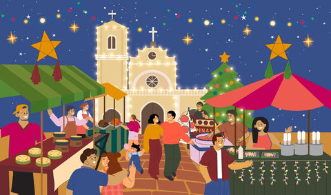 A nostalgic Illustration of a festive Filipino christmas outside a church, with food stalls, christmas lanterns, lights, and families enjoying the holiday atmosphere