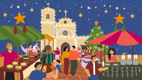 A nostalgic Illustration of a festive Filipino christmas outside a church, with food stalls, christmas lanterns, lights, and families enjoying the holiday atmosphere
