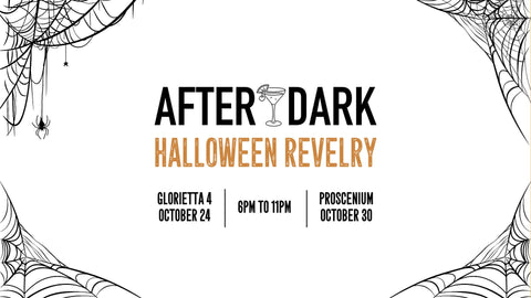 A Halloween event poster for After Dark: Halloween Revelry hosted by Joel’s Place. The design features spider webs framing the edges like borders. The center text displays event details, including the date, time, and location,