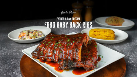 A Joel's Place Father's Day Special poster featuring BBQ Baby Back Ribs covered in sauce and garnished with herbs, along with side dishes of coleslaw and corn on the cob.
