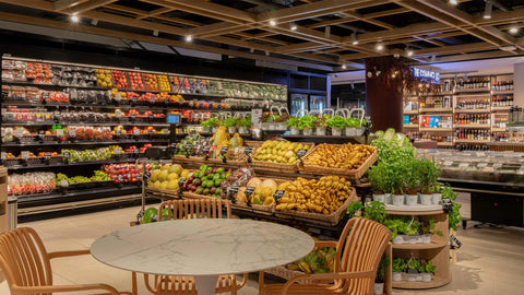 A landscape photo of Joel's Place Glorietta 4 including the fresh produce shelves and The Sommelier section