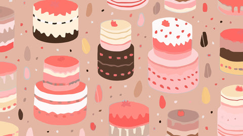 An illustration of a pattern featuring various cakes, referencing the famous phrase "Let them eat cake."