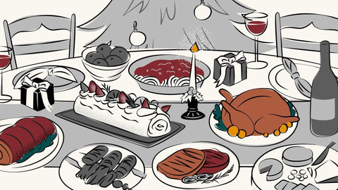 An illustration of a festive Christmas dinner table setting, featuring a Noche Buena celebration with a dining table filled with various dishes from Joel’s Place.