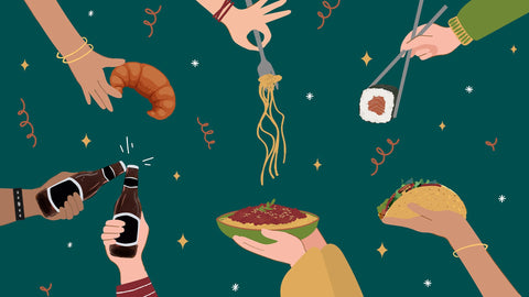 An illustration image featuring a variety of hands holding diverse food and drinks to share for a creative potluck-themed gathering.