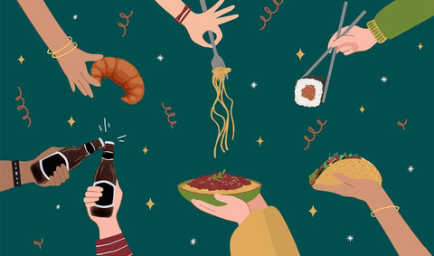 An illustration image featuring a variety of hands holding diverse food and drinks to share for a creative potluck-themed gathering.
