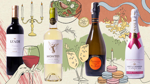 An image illustration of four wines from Joel's Place, featuring red wine, white wine, sparkling wine, and rosé wine, with food pairings available this holiday season.