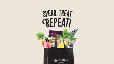 A poster of Spend, Treat, Repeat featuring a black eco bag from Joel's Place with grocery items inside. 
