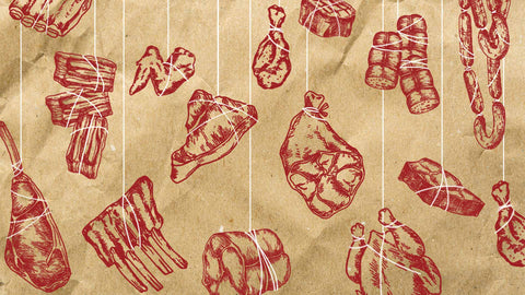 An Illustration of various cuts of meat, including ribs, steak, sausage, and poultry, drawn in red on a brown paper background with string-like lines suggesting they are hanging