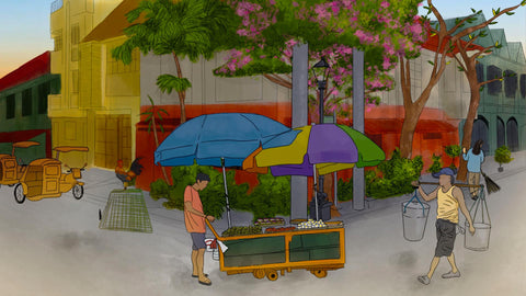 The illustration image captures a typical street scene in the Philippines, showcasing a street vendor selling taho and kakanin, a woman sweeping, a rooster, and tricycles in the locality.