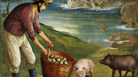 An AI artwork featuring a man holding a basket filled with truffles and two piglets: one pink and one black, against a body of water with rocks on the side. 