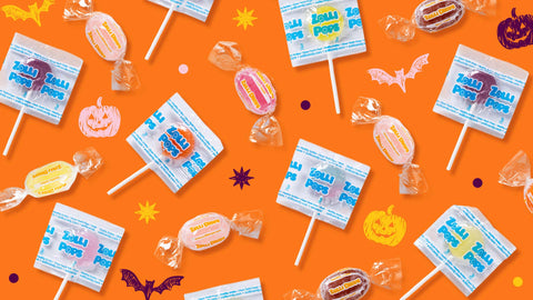 A bright orange artwork featuring Zolli Pops candy pattern with Halloween elements around. 