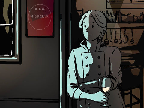 An illustration of a chef holding a wine glass while leaning against the doorframe of a restaurant with three Michelin stars