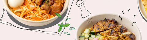 An image of two Joel's Place rice bowls featuring Chef Joy's Adobowl and Chicken Shawarma Rice Bowl.