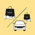 Illustration of hand collecting a shopping bag and a car collecting an online order
