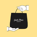 Illustration of two hands giving and receiving a shopping bag
