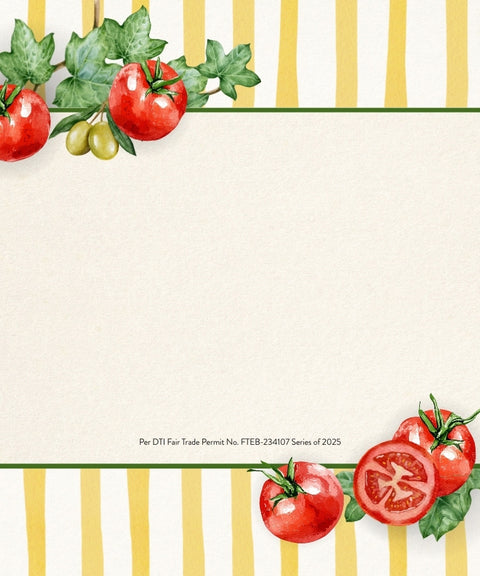 Illustration with yellow and white stripes and watercolor tomatoes and blank space in the middle