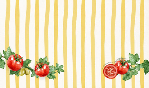 Illustration with yellow and white stripes and watercolor tomatoes