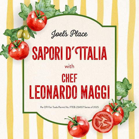 Illustrated poster with yellow and white stripes and watercolor tomatoes on vine for event Sapori D'Italia with Chef Leonardo Maggi