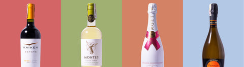 An image of four wines from Joel's Place, featuring red wine, white wine, sparkling wine, and rosé wine available this holiday season. The bottles are all cut 2/3 from the top and are against different colored backgrounds.