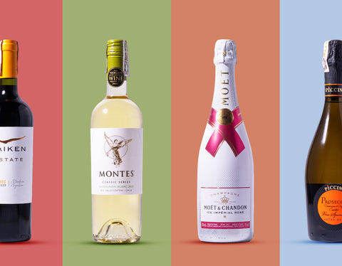An image of four wines from Joel's Place, featuring red wine, white wine, sparkling wine, and rosé wine available this holiday season. The bottles are against different colored backgrounds.