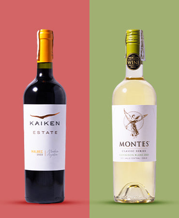An image of tw wines from Joel's Place, featuring red wine and white wine available this holiday season. The bottles are against different colored backgrounds.