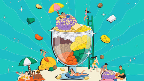 A graphic illustration of people enjoying a summer day on and around a giant glass of halo-halo, a Filipino dessert, with colorful ingredients like shaved ice, purple yam, and fruit pieces