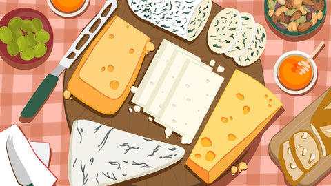 An illustration featuring a wooden round board with five types of cheese on top: Goat, Feta, Asiago, Moliterno, and Cheddar. On the sides, are green grapes, slices of bread, a bowl nuts, honey, and cheese knife.