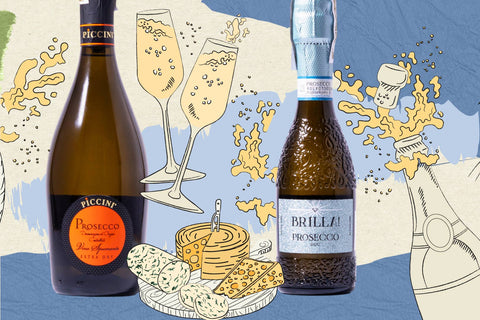 An image illustration of two distinct bottles of sparkling wine: Piccini Prosecco IGT Orange Label and Brilla! Prosecco DOC, with food pairings available this holiday season.