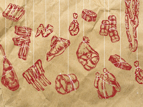 An Illustration of various cuts of meat, including ribs, steak, sausage, and poultry, drawn in red on a brown paper background with string-like lines suggesting they are hanging