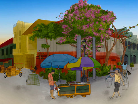 The illustration image captures a typical street scene in the Philippines, showcasing a street vendor selling taho and kakanin, a woman sweeping, a rooster, and tricycles in the locality.